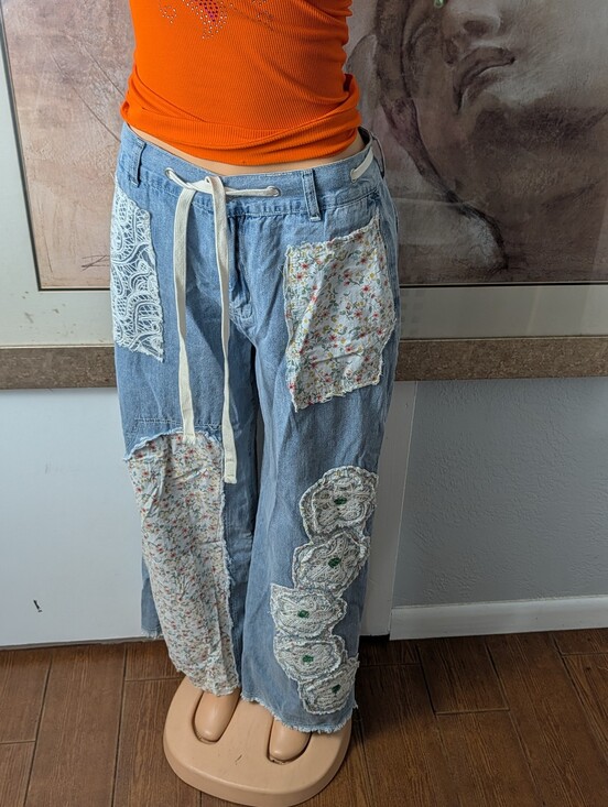 POL Denim - POL Drawstring Lace Floral Patchwork Wide Leg Flare Jeans Size M